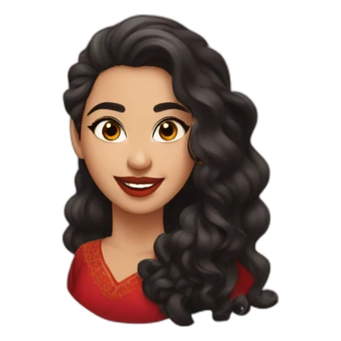 young moroccan woman with dark brown eyes, winking with one eye, smiling, dark long curling hair, red lips, black dress sticker