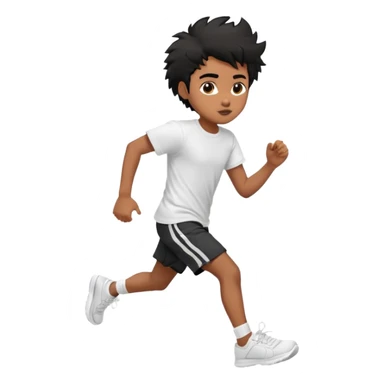 generate a pretty bratz brown skinned boy with black messy hair wearing a white tshirt and black running shorts. running on the street with white sneakers sticker