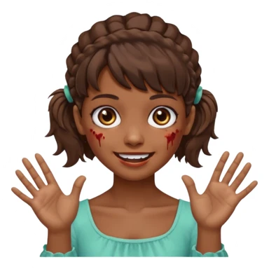 Cabelo ondulado  um pouco cheio e franja curta  Olhos marrons e pequenos e feita d ezumbi mais bonita com cabelo amarro na e com as mãos assim tipo assim🧟‍♀️ sticker