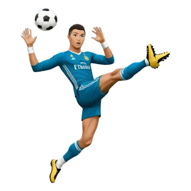 Ronaldo doing a bicycle kick with football in mid air While wearing a Retro blue Real madrid kit and yes i want it to be exactly the same as he Scored it in 2018 vs Juventus  sticker
