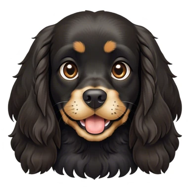 Cinematic Comical Black Cocker Spaniel Portrait Emoji, Head tilted dramatically with an exaggeratedly amused expression, featuring a shiny black coat with noticeable tan accents, wide, expressive dark eyes filled with playful disbelief, Simplified yet hilariously expressive features, highly detailed, glowing with a slightly sassy glow, high shine, dramatic yet playful, stylized with an air of cheeky mischief, bright and endearing, soft glowing outline, capturing the essence of a spirited and over-the-top companion, so meme-worthy it feels like it could side-eye its way into internet fame instantly! sticker