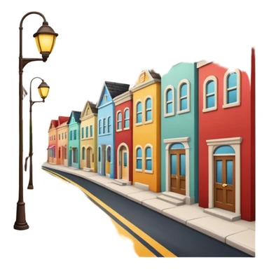 emoji of a small cozy street scene — a narrow road with a sidewalk, a few colorful buildings on the sides, and a streetlight. Soft daylight, clean design, minimal background, cheerful and detailed Apple emoji style sticker