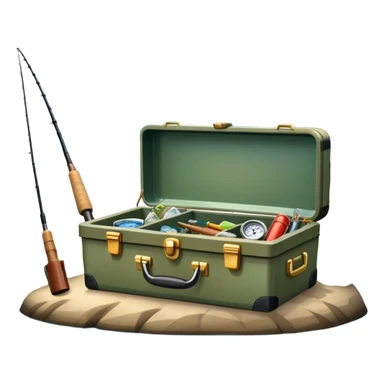 Icon for Fishing: a boat on the shore of a peaceful water body with a beautiful natural landscape, a fishing tackle box, a spinning rod. The icon should capture the tranquility and gear of a fishing adventure. Without frame. Transparent background. sticker