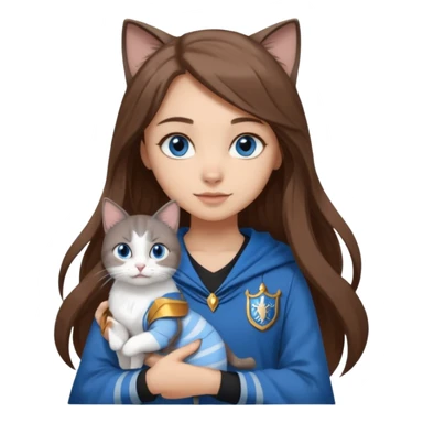 gorgeous Girl with light skin, blue eyes, long brown hair, wears a ravenclaw outfit, with a grey and white cat holding in her arms sticker