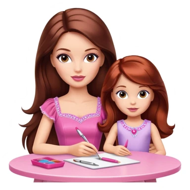 A Barbie girl with makeup, with long dark brown hair, with a child, a daughter with red-brown hair, sitting at a table sticker