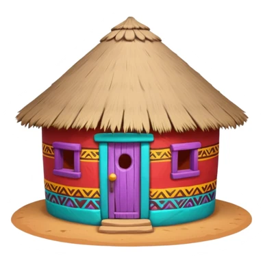 African mud hut tribal house, round adobe clay hut, thatched roof, bright colorful paint, walls in turquoise, red, yellow, purple, tribal patterns, cute mobile game icon, 3D cartoon, soft shadows, clean background, no text, no watermark sticker