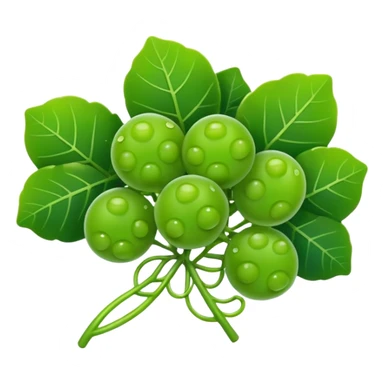 Sea grapes (Caulerpa lentillifera) with an elongated, cylindrical shape, made of many tiny translucent green bead-like bubbles,  much smaller than real grapes, clustered tightly along a thin stem, glossy and fresh, emoji-style illustration, simplified shape, clean outline, cute and minimal sticker