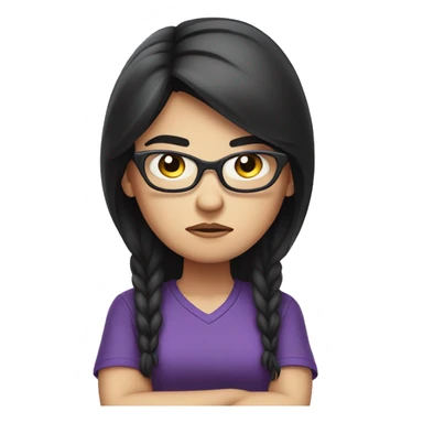Angry scowling white girl, purple t-shirt, long black hair, wearing glasses, with arms crossed over chest. sticker
