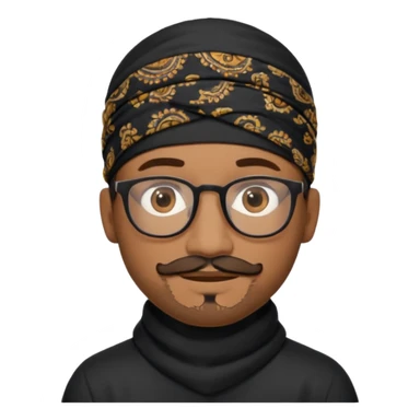 A friendly person with medium-brown skin, large warm brown eyes, thin rectangular glasses, a short mustache and small goatee, wearing a black paisley bandana. Rounded face, calm slight smile. Head-and-shoulders emoji style, bold outlines, simple shapes, bright colors, transparent background. sticker