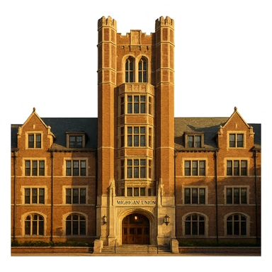 cinematic, realistic emoji of the Michigan Union building at the University of Michigan in Ann Arbor, straight-on perspective, featuring its iconic Collegiate Gothic architecture, lifelike detail, bright regal lighting as on a sunny day, accurate building colors, transparent background sticker