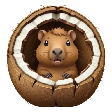 A cute capybara peeking out from inside a cracked open coconut shell sticker