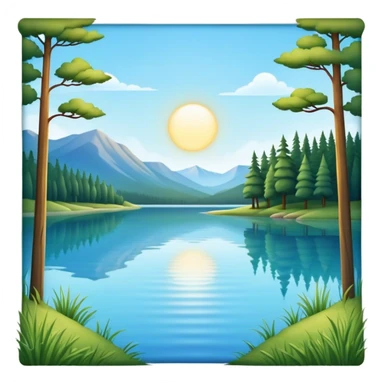 Cinematic Realistic Lake Emoji, Calm and reflective, with clear blue waters mirroring the surrounding landscape, framed by tall trees and grassy shores. The sunlight sparkles on the water’s surface while birds and animals play at the edge. Soft glowing outline, capturing the essence of peaceful serenity in a tranquil lake. sticker