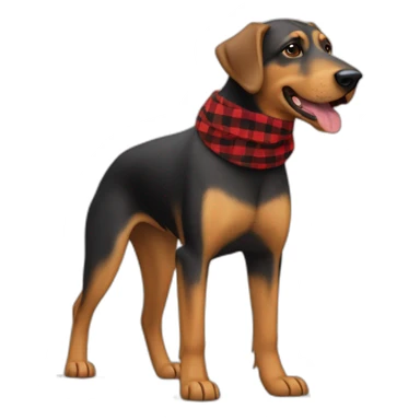 adult 75% Coonhound 25% German Shepherd mix dog with visible tail wearing small pointed red buffalo plaid bandana full body walking left quickly sticker