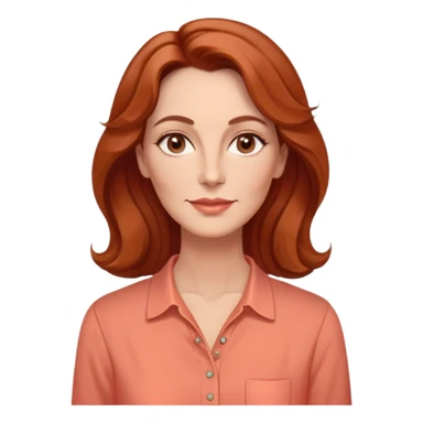 Middle-aged woman with elongated face, gentle structure, prominent cheekbones, warm expression, medium almond dark eyes, softly arched eyebrows, straight slender nose, friendly defined lips, reddish wavy hair with volume, wearing a coral-colored artistic-cut comfortable shirt sticker