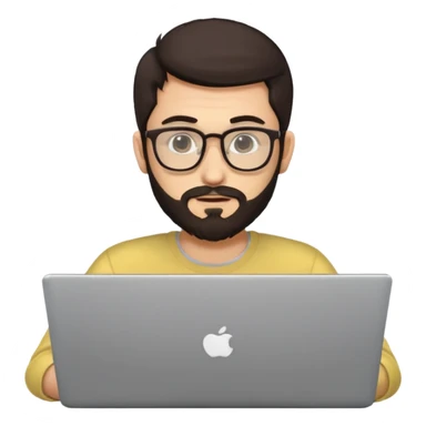 23 year old Azerbaijani man with very dark brown hair and beard with glasses and laptop , light yellow skin face sticker