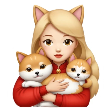 chinese fashion girl hugging  A Shiba Inu and a cat sticker