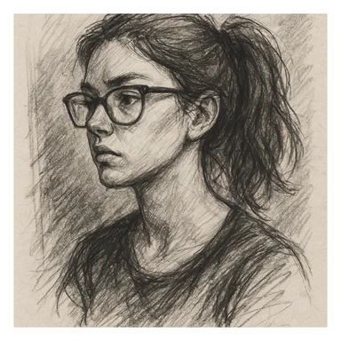 a woman with chestnut hair tied in a ponytail and black frame glasses, pencil sketch style sticker
