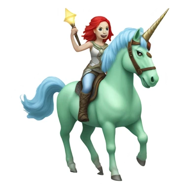 [
	{ a light green Amazon alien woman [ with red hair, with blue eyes]} 
	on a 
	[{ unicorn:[white, six-legged, light blue mane}]]] sticker