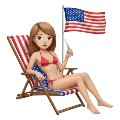 White Woman with straight light brown hair in a bikini in a beach chair vaping with an american flag sticker
