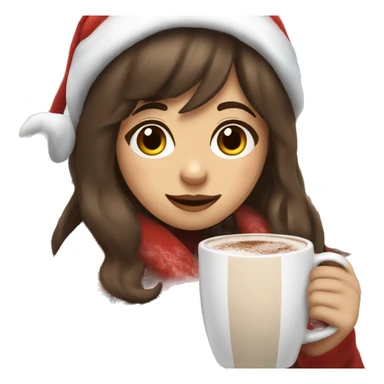 Girl with brown hair wispy bangs wearing a Santa hat and a blanket hold a cup of hot chocolate  sticker
