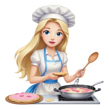 Cinematic realistic beautiful blonde with long hair, blue eyes and pink lips in a white dress cooks pancakes sticker