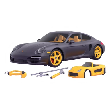 icon of a Porsche luxury car with a clearly visible dent or damage on the bodywork, with bodywork reconstruction tools like a lever, small hammer, and repair equipment positioned to show active repair, elegant and modern sticker