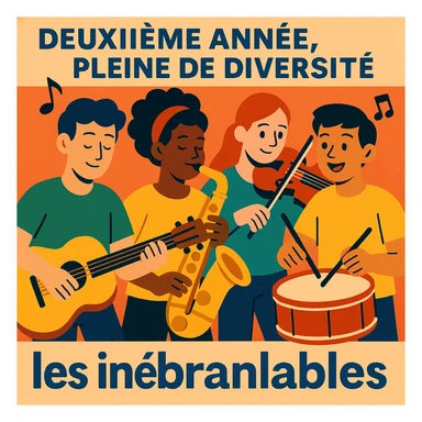 cover illustration of 4 students of different origins in a warm and friendly atmosphere, each holding a different musical instrument (guitar, saxophone, violin, drums), vibrant colors, dynamic composition, with the title 'Deuxième année, pleine de diversité' and the group name 'les inébranlables', musical illustration style sticker