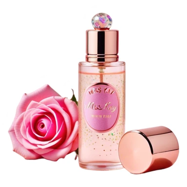 A **slim, cylindrical perfume bottle** with a **transparent glass body**, a **rose gold metallic cap**, and a **pink label decorated with colorful sprinkles**. The label features the brand name "MISS KAY" and the fragrance name "CUTIE PIE." The design is **playful, feminine, and compact**, ideal for carrying on the go. sticker