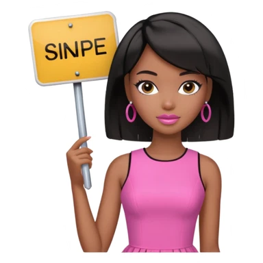 Black barbie, short  black bob  hair, pink dress with a sign that says snipe sticker