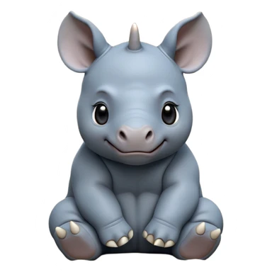 cinematic-baby rhino-full-body-sitting-emoji,white horn, slate grey/blue skin -massive-body-poised-powerfully,-thick-horn-curving-slightly-forward,-head-tilted-dramatically,-rough-grey-hide-covered-in-dust,-simplified-focused-features, large cute black eyes sticker