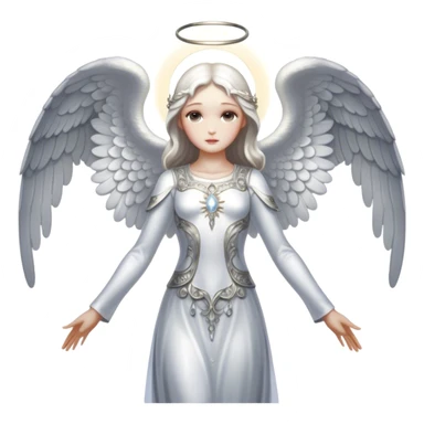 Full body, Cinematic and Ultra realistic 32k HD hauntingly beautiful Angel with Balanced features, highly detailed, glowing with silver light, high shine, remembrance, a painting of white silver, fanciful, enchanting. The image is so lifelike it could leap off the canvas at any moment sticker