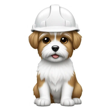 White shorkie wearing white hard hat sticker