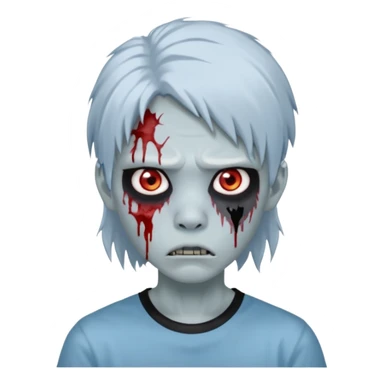Create a 3D emoji-style avatar with very pale blue-grey zombie skin like the reference image, a young Asian face, and large eyes with blood tears. Give it white mullet-style hair, silver hoop earrings, and a simple black T-shirt. The face expression should be slightly angry sticker