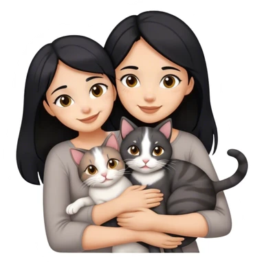 happy girl with black hair hugging three cats  (carey cat, gray cat, brown calico cat) sticker