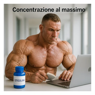 hyper realistic bodybuilder studying with Citicolina and laptop, well visible muscles, blue bottle, laptop, text 'Concentrazione al massimo', modern environment, light background sticker