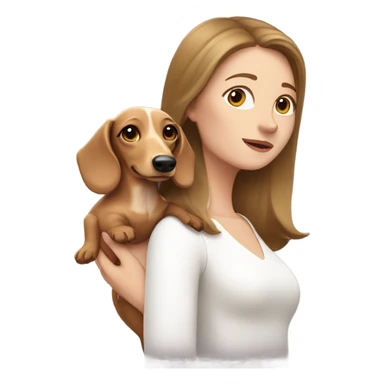 Brown haired woman with white skin wearing white top holding a blonde long haired dachshund sticker