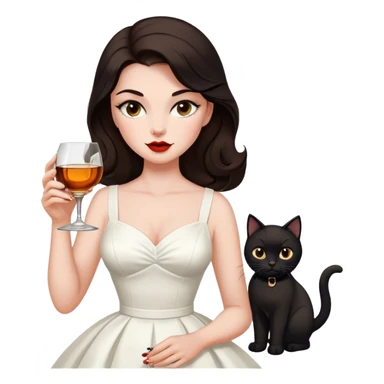 Beautiful woman in 1950’s woman fashion look, white dress, long dark brown hair, whisky with ice, black cat sticker