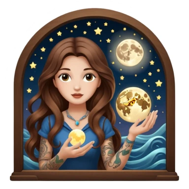 moon mystic woman long wavy brown hair tattoos opening tiny light box sticker