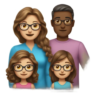 White family of 4, brown hair mom, brown hair boy, 2 girls with glasses and long brown hair sticker