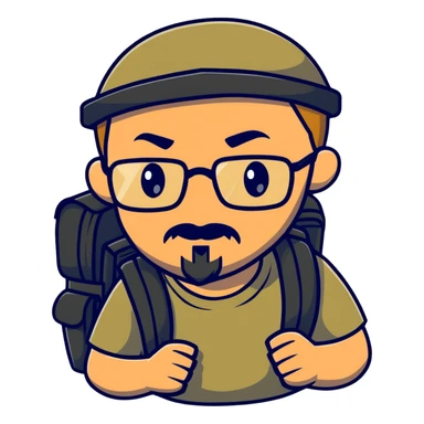 adventurer with goatee beard (no beard on cheeks), short hair, glasses, backwards military tan cap and backpack sticker