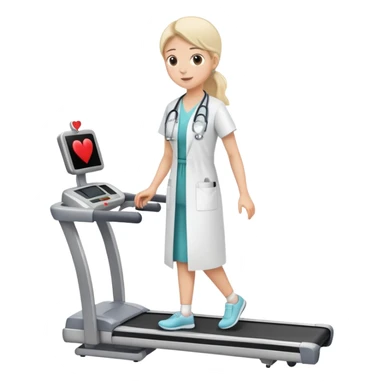 treadmill, patient in hospital gown, heart monitor, and doctor sticker