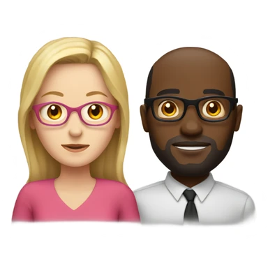 white woman with no glasses wearing a pink dress standing with a black guy with glasses wearing a red shirt sticker