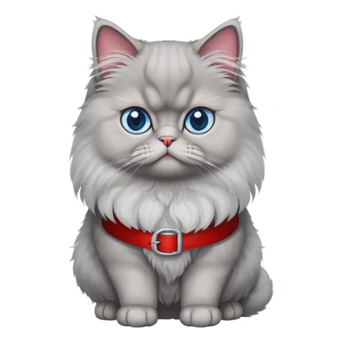 gray Persian cat full body sitting with blue eyes and red belt sticker