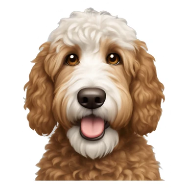 Brown and white patches Golden doodle dog showing tongue white head white eyes brown ears and brown patch on top of head fluffy head sticker