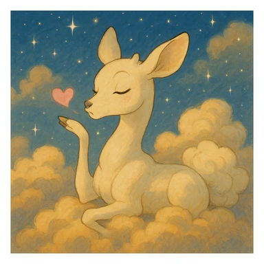 dreamy vanilla cloud doe in Ghibli style with sparkles, blowing a kiss sticker