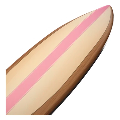 A single wooden rip curl surfboard that looks like an emoji with two mini light pink stripes down the middle of the board, longboard style sticker