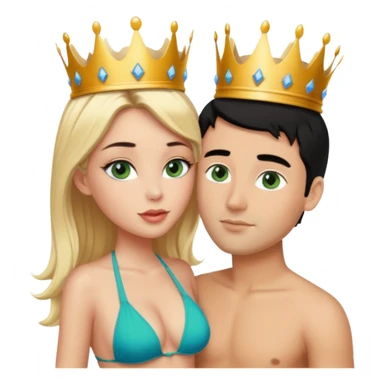 Blonde Queen with crownGreen eyes in Bikini kissing Male subject without crown black hair blue eyes sticker