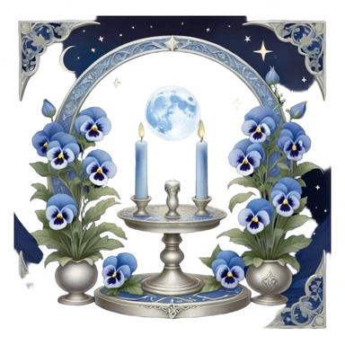 A mystical scene where deep blue and light blue pansies bloom under a silver crescent moon, casting an ethereal glow across the enchanted garden. A round, pearl-colored candle flickers atop an ornate silver stand, its wax melting into swirling patterns resembling planetary orbits. Surrounding it, a set of celestial tarot cards—The Moon, The Star, and The High Priestess—are carefully placed, their intricate silver engravings shimmering with divinatory power. The background sky is adorned with floating zodiac constellations, softly pulsing as if alive, while a trail of stardust leads to a glowing cosmic portal that opens into a swirling galaxy. sticker