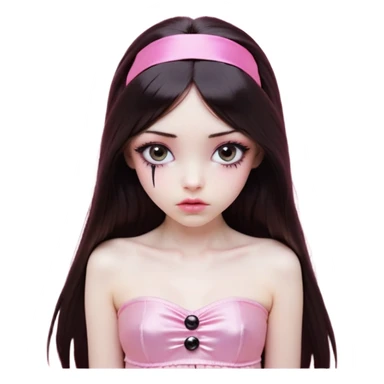 girl with white skin, dark brown long straight hair falling in front of her body, pouty shiny lips without cupid's bow, shiny large eyes with black eyeballs and long eyelashes, lighter button nose, very long oval-shaped face, wearing a pink bandeau top with straight neckline, looking directly at camera with hands down at sides sticker