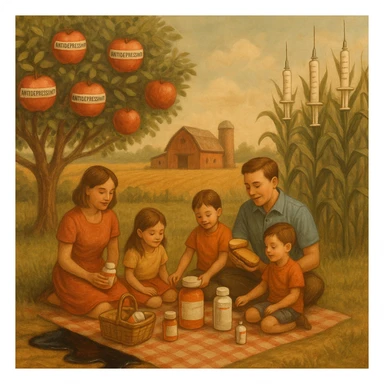 serene farm scene with apple trees bearing apples labeled as antidepressants, corn stalks with syringe-shaped cobs, soil that appears to bleed oil, a family picnics in the foreground unaware as their food slowly morphs into pharmaceutical bottles, peaceful but subtly unsettling mood sticker
